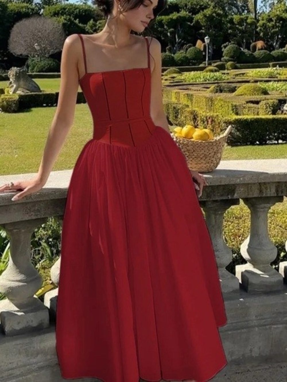 Commense Red Corset-Bodice Maxi Dress